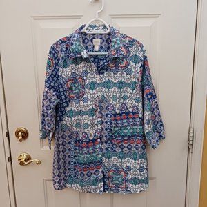 Chico's Size 3 Patterned Button Front Shirt Cotton Blend XL 3/4 Sleeves